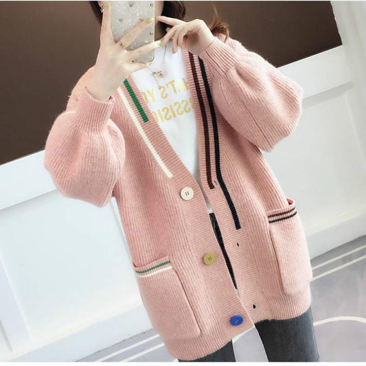 Autumn and Winter Cardigan Sweater Women's Knitted Jacket Lantern Sleeves Loose Sweater