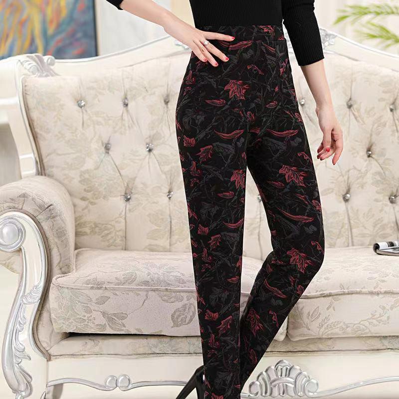 Mother Pants Autumn and Winter Plus Velvet Stretch Slimming Slimming Outer Wear Elastic Waist Leggings High Waist Middle-aged and Elderly Casual Pants