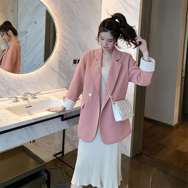Korean Version   Pink Small Suit Jacket Women's Double-breasted Loose Casual Suit Spring  Autumn