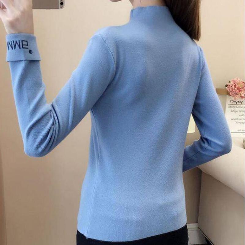 Pofulove Women Letter embroidered turtleneck sweater pullover winter slim knit bottoming sweater