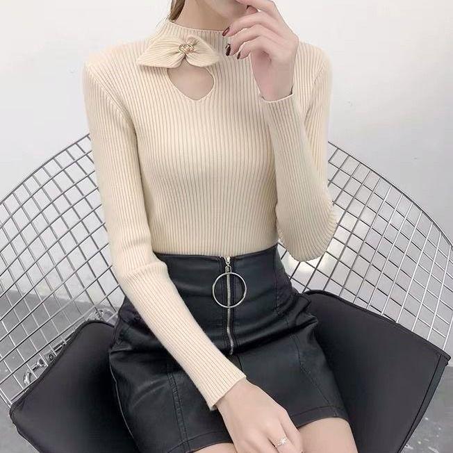 Autumn Bowknot Hollow Knitwear Women Half Turtleneck Slim Pullover Long Sleeve Bottoming Shirt