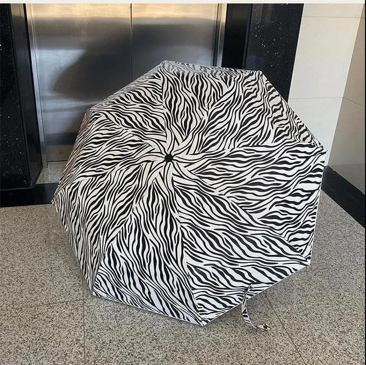 Zebra Pattern Automatic Umbrella Female Ins Wind Sunshade Three-fold Rain and Sun Dual-use Sunscreen Black Plastic Sun Umbrella