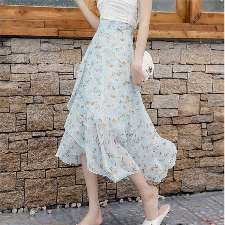 Bohemia Beach Skirt Women Spring Summer Chiffon Flower Pattern SkirtMedium Elastic Waist Skirt