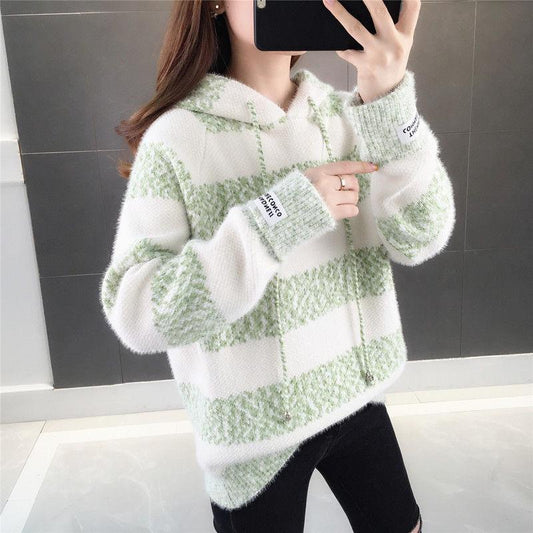 Imitation Mink Pullover Women's Sweater Autumn and Winter No Shed Hair Thick Loose Striped Hooded Sweater