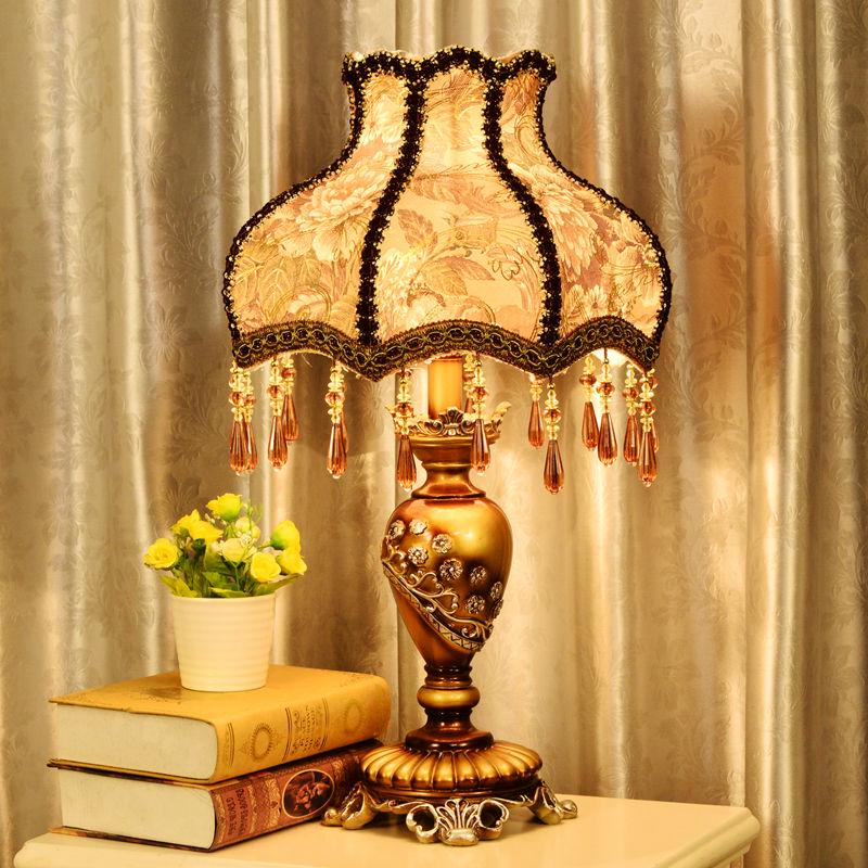 French Rustic Resin Desk Light Fabric Lampshade Princess Room Deco Table Lamps Bedroom Lighting