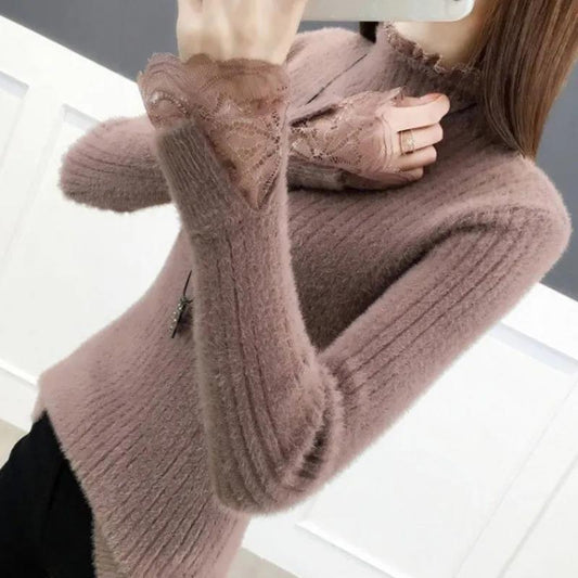 Faux Mink Fleece Turtleneck Sweater Women Fashion Lace Patchwork Pullover Stretch Skinny Knit Bottoming Shirt