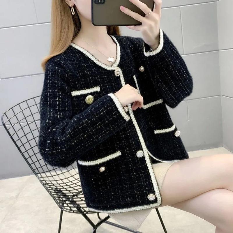 Temperament Xiaoxiangfeng Imitation Mink Short Coat Women's Spring and Autumn Casual Knitted Cardigan Top