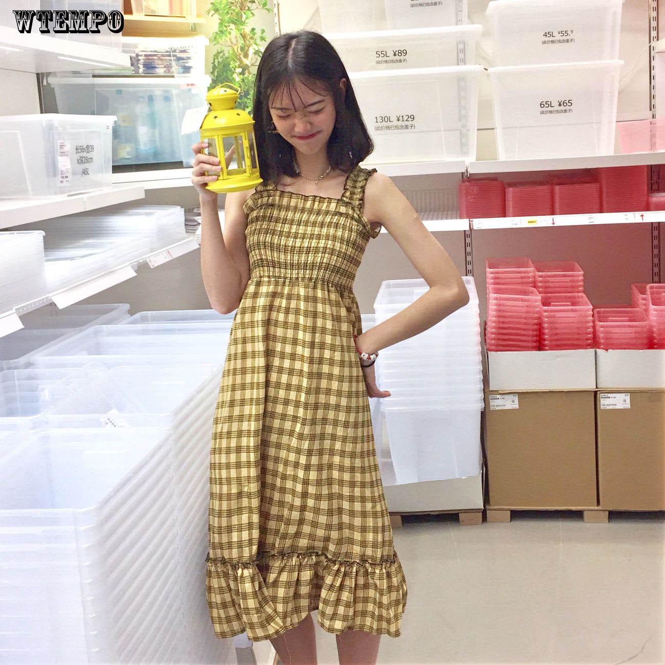 WTEMPO Brand Summer Loose Sling Small Fresh Women's Student Tube Top Long Plaid Dress