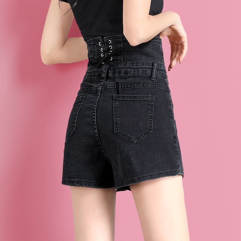 Women's Black Denim Shorts Women's Loose Straight Super High Waist Net Red Was Thin Summer A-line Pants