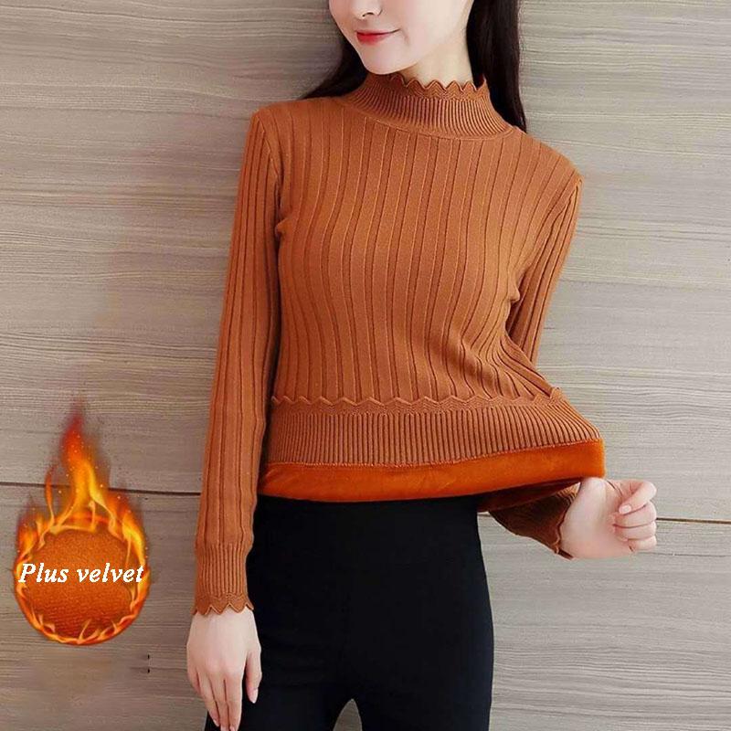 Women  Fleece Sweater Autumn and Winter Warm Knit Sweater Thick High Neck Pullover Sweater Stretch Slim Bottoming Shirt