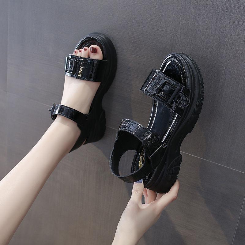 Sandals Women's Summer All-match Flat Shoes Non-slip Thick-soled Ladies Roman Shoes Black Glossy Simple Sports Casual Sandals