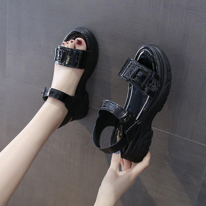 Sandals Women's Summer All-match Flat Shoes Non-slip Thick-soled Ladies Roman Shoes Black Glossy Simple Sports Casual Sandals