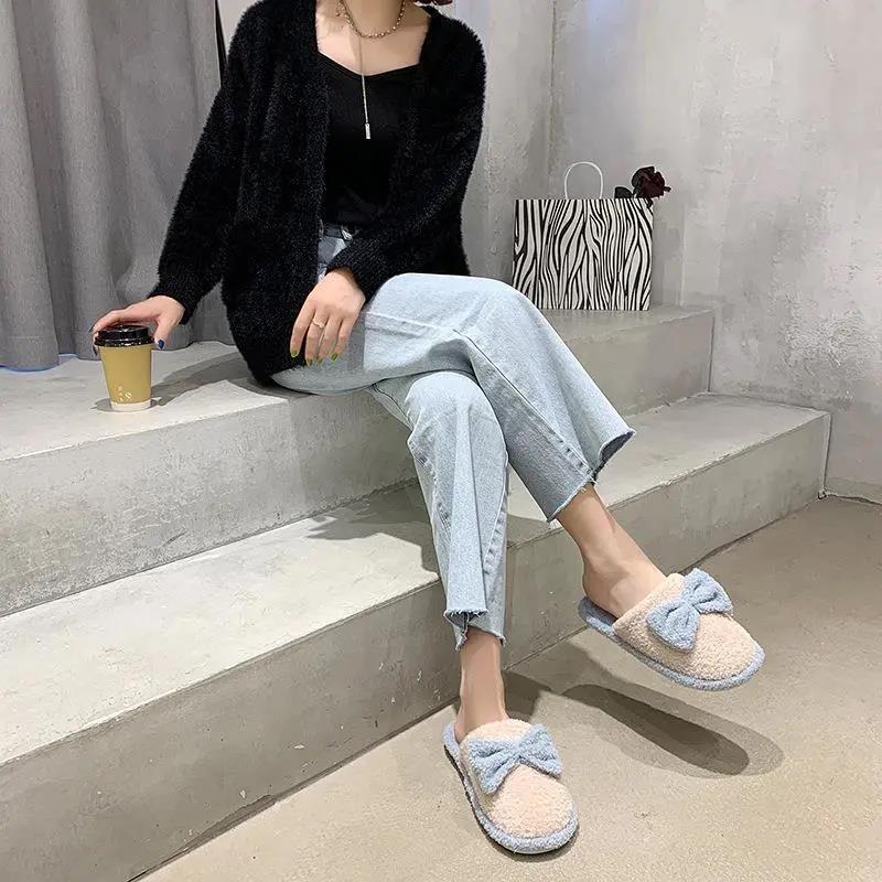Slippers Women's Flat-bottomed Baotou Cotton Slippers Cute Home Wear Plus Velvet Warm Winter Indoor Furry Shoes Personality Drag