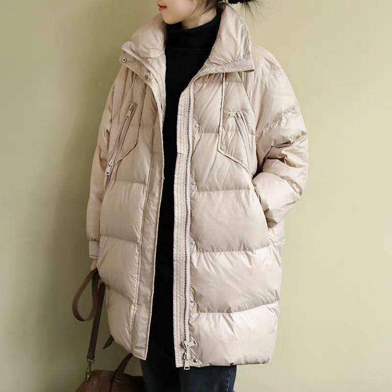 Mid-length Down Jacket Women Winter Korean Version of Loose Stand-up Collar Shiny Down Jacket Bread Suit Jacket