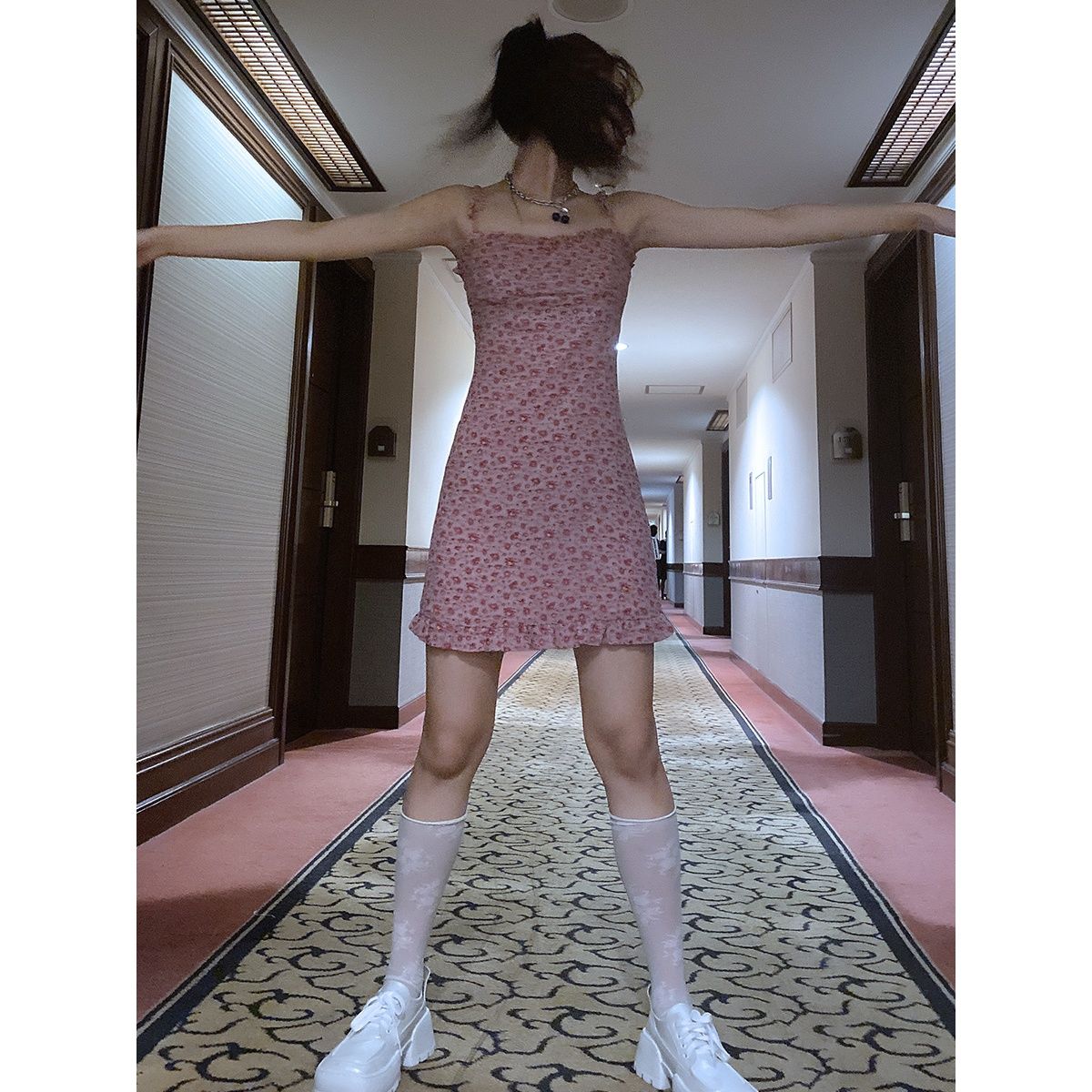 Women's Summer French Elegant Retro Pink Floral Suspender with Ruffle Bra Dress
