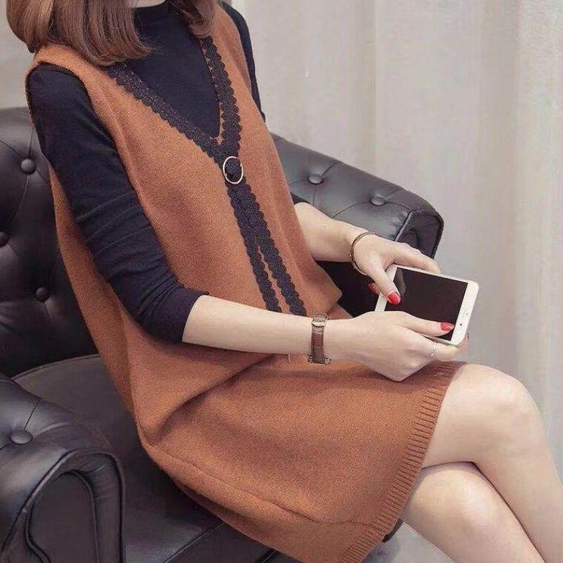 Autumn and Winter Lace Vest Dress Loose Sleeveless Long Vest Fashion Casual Women's Strap Skirt