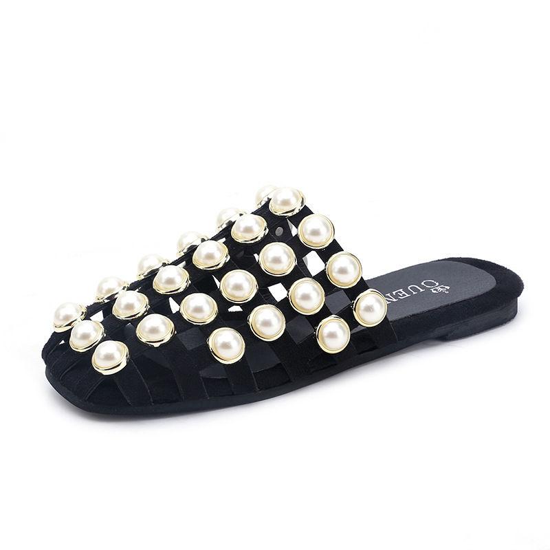 Women's Shoes Hollow Bright Beads All-match Casual Sandals with Low Heels Convenient and Not Hurting Feet Korean Pearls