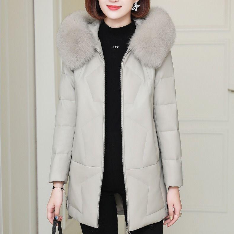 Leather Jacket Thick Cotton Jacket Female Winter Imitation Fox Fur Collar Fur Hooded Leather Jacket Mid-length