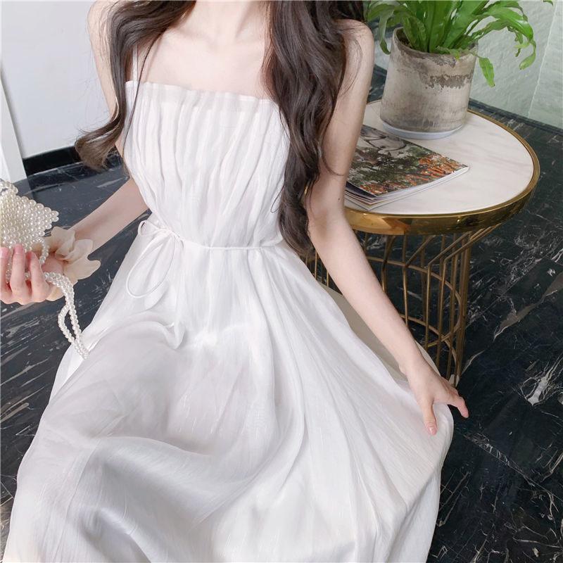 White Suspender Dress Female Summer French Retro Niche First Love Temperament Over The Knee Long Dress