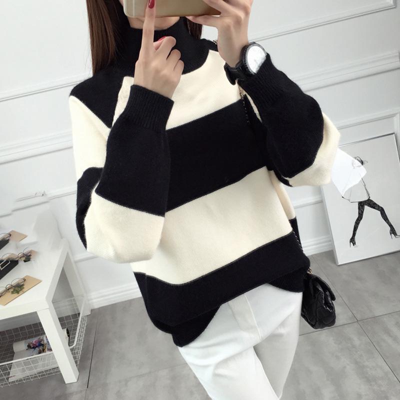 Half Turtleneck Pullover Black and White Striped Sweater Autumn and Winter Loose Short Bottoming Shirt Student Thickening Ladies Blouse