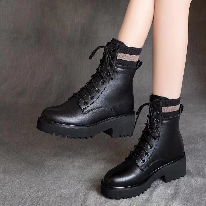 Martin Boots Women's Winter Plus Velvet Leather Mid-heel Shoes Women's Cotton Shoes Thick Heel Thick-soled British Style Short Boots Women