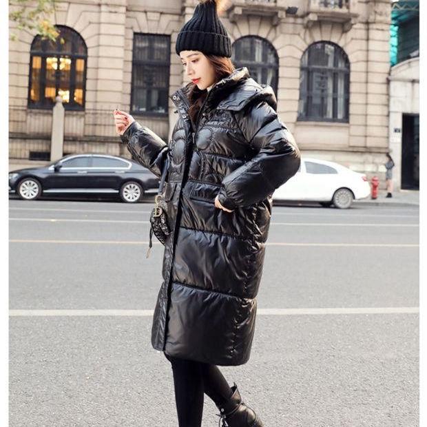 Mid-length Disposable Bright Face Stand-up Collar Hooded Women's Cotton-padded Coat Knee-length Cotton-padded Coat Thick Loose Bread Warm Jacket