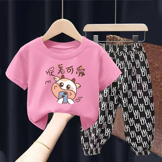 Summer Children's Short-sleeved Suit Boys' T-shirt Girls Middle and Small Children's Baby Cartoon Two-piece Suit