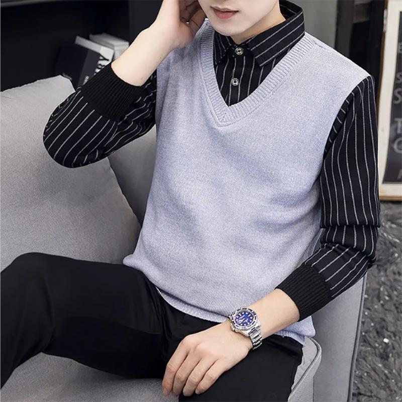 Plus Velvet Autumn and Winter Men's Sweater Fake Two-piece Sweatshirts Trend Slim Knit Sweater Solid Color Wool