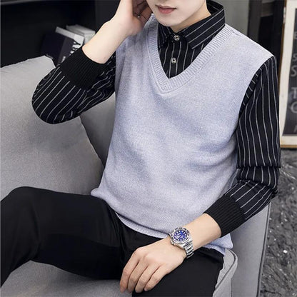 Plus Velvet Autumn and Winter Men's Sweater Fake Two-piece Sweatshirts Trend Slim Knit Sweater Solid Color Wool