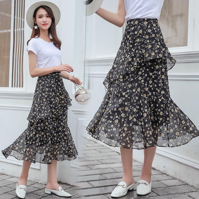 Chiffon Skirt Women's Spring and Summer Mid-length Floral Skirt High Waist Ruffled Skirt