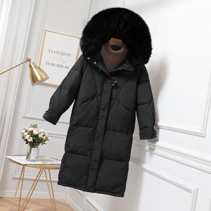 Women's Down Jacket Mid-length Over-the-knee Thickening and Long Fur Collar Hooded Slim Coat