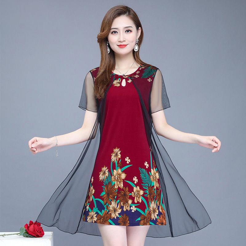 XL-XXXXXL Middle-aged Women Summer Printed Plus Size Skirt Mother's Dress Mid-length Imitation Silk Chiffon Yarn