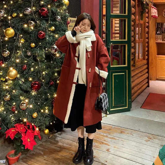 Autumn and Winter Woolen Coat with Horns Buckle Lamb Wool Thick Woolen Coat Women's Mid-length Lapel Woolen Coat