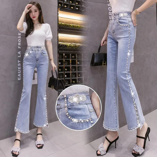 Beaded High-waisted Jeans Women's 2022 New Flared Pants Stretchy Slim Fit Slim Small Nine-point Pants Trend
