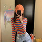Cute O-neck Colorful Striped Pullover Short Sweater Women Open Navel Slim Waist Knitwear
