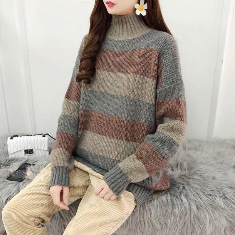 Pofulove Women Striped Turtleneck Pullover Sweater Long Sleeve Office Thicken Long Sweatshirts Top