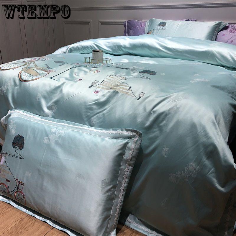 Luxury Satin Egyptian Cotton Bedding Set Solid Color Striped Duvet Cover Flat Sheet King