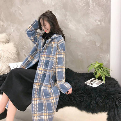 Women's Coats and Jackets 2019 Fashion Women's Plaid Double-Breasted Woolen Coat Ladies Overcoat