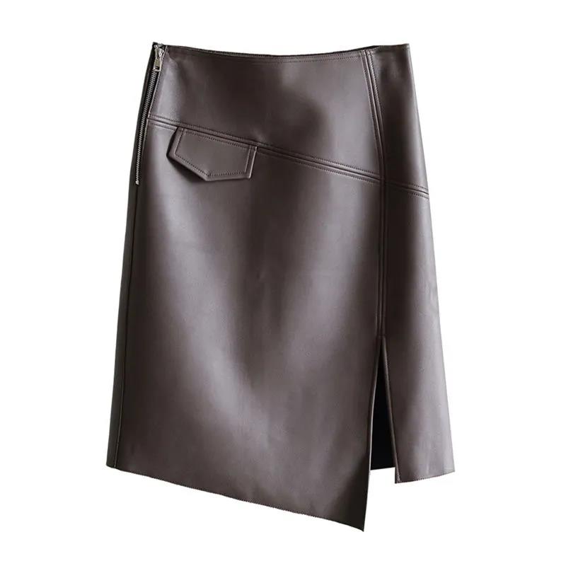Design Skirt Women's High Waist Irregular Side Slits Slim Slimming Hips Mid-length All-match PU Leather Skirt