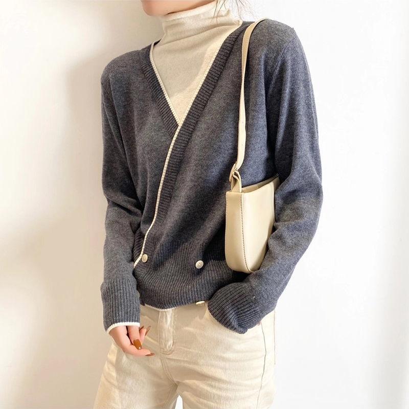 Color-blocking Turtleneck Sweater Women Autumn and Winter Piled Pile Collar Loose Wild Western Fake Two-piece Knitted Bottoming Shirt