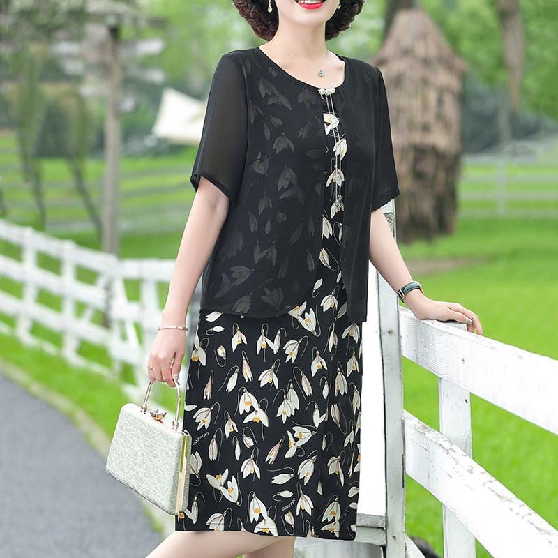 Middle-aged Mother XL-XXXXXL Women's Summer Dress Chiffon Veil Short Sleeve Round Neck Printing