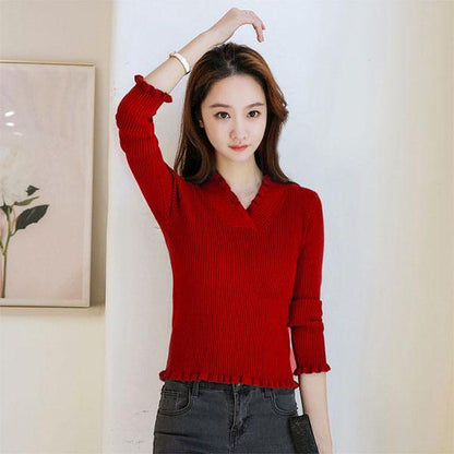 Autumn and Winter Solid Color V-neck Sweater Short Women's Small Slim Knit Sweater Women