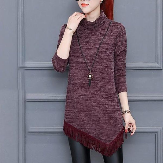 Spring and Autumn Turtleneck Large Size Women's Long Sleeve Fringed Knit Sweater Mid-length Slim Bottoming Shirt