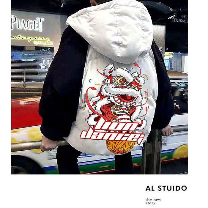 Autumn and Winter Plus Velvet Tide Cotton Coat Chinese Style Hip-hop Loose Trend Student Couple Clothes Hooded Jacket