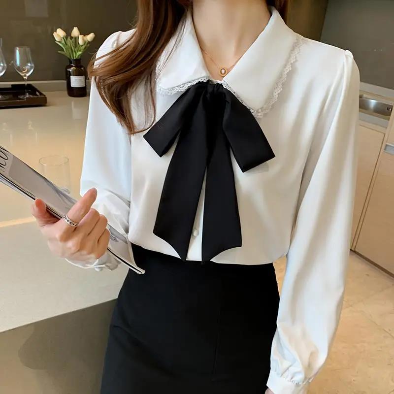 Doll Neck Ribbon Bow Solid Color Chiffon Shirt Shirt Women's Long Sleeve French Puff Sleeve Shirt Spring and Autumn