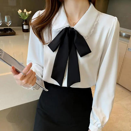 Doll Neck Ribbon Bow Solid Color Chiffon Shirt Shirt Women's Long Sleeve French Puff Sleeve Shirt Spring and Autumn