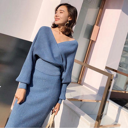V-neck Women Knitted Skirt Suits Batwing Sleeve 2 Pieces Elegant Party Female Sweater Elegant Dress