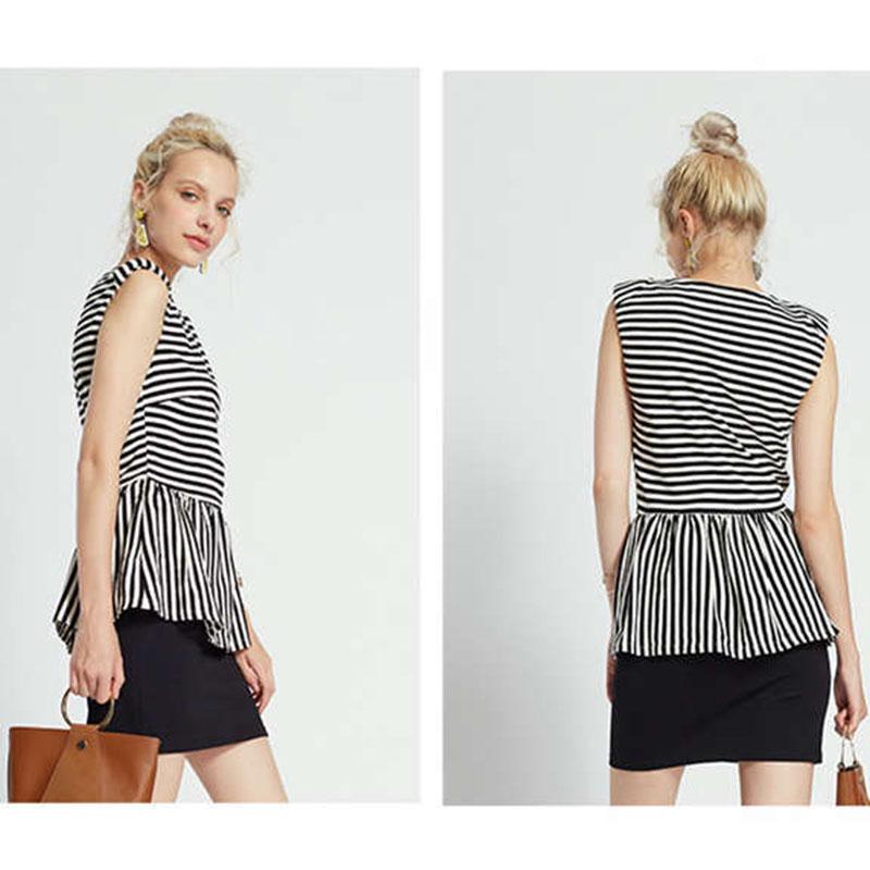 Fashion Summe Strip Stitching Pleated Stripe Slim Sleeveless Fake Two-piece Dress Package Hip Dress