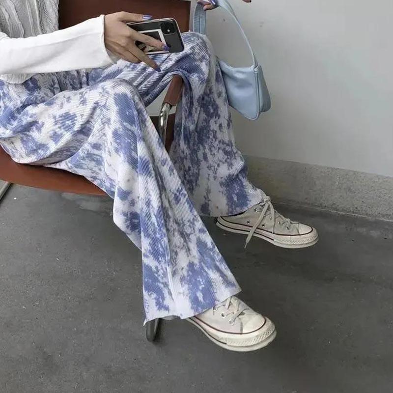 Wide Leg Pants Ladies High Waist Summer Pleated Tie-dye Loose Casual Pants Mopping Trousers