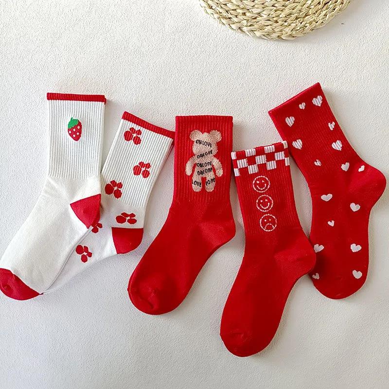 Five Pairs of Women's Red Socks Korean Cute Cotton Socks Cartoon Knitted Pattern Stockings